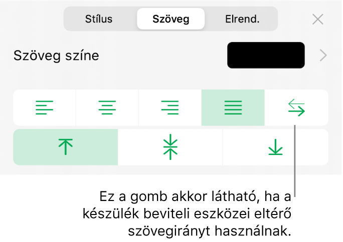 A Formátum menüben elérhető Stílus szakasz a Jobbról balra gombhoz tartozó felirattal.