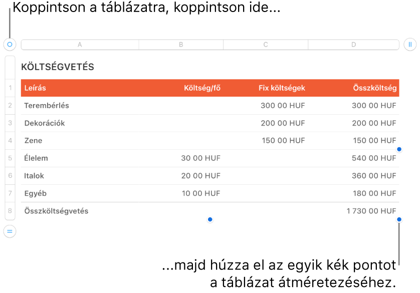 Kijelölt táblázat, átméretezésre szolgáló kék pontokkal.