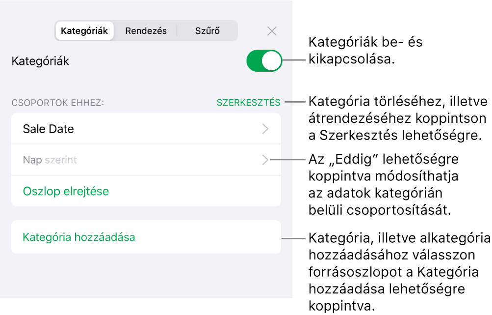 A Kategóriák menü iPhone esetén, beállításokkal a kategóriák kikapcsolásához, a kategóriák törléséhez, az adatok átcsoportosításához, forrásoszlop elrejtéséhez és kategóriák hozzáadásához.