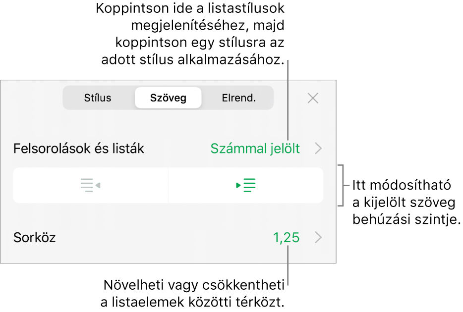 A Formátum vezérlői a Felsorolás menüt, a behúzásgombokat és a sortérközvezérlőket jelölő feliratokkal.