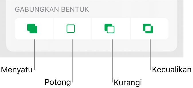 Tombol Menyatu, Potong, Kurangi, dan Kecualikan di bawah Gabungkan Bentuk.