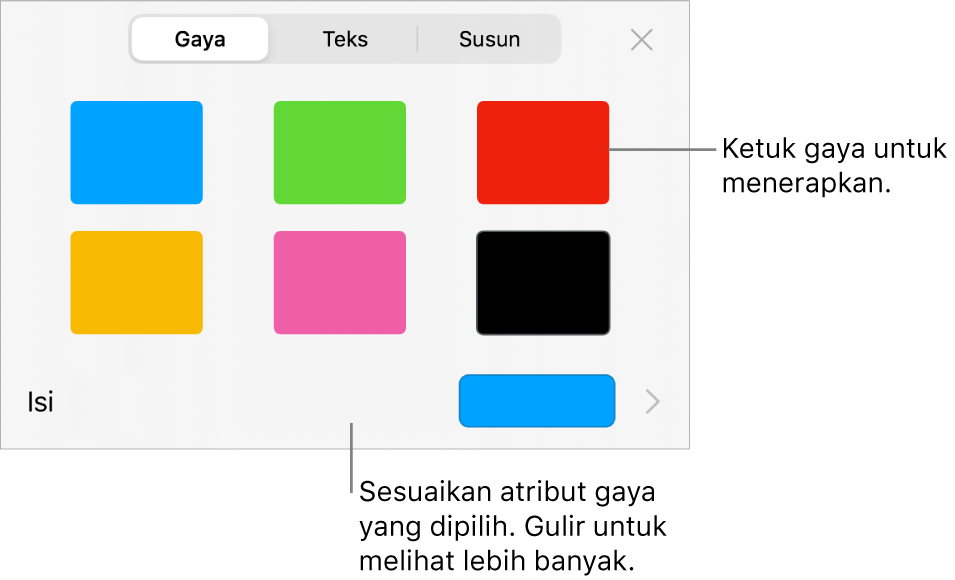 Tab Gaya menu Format dengan gaya bentuk di bagian atas dan bidang warna isi di bawahnya.