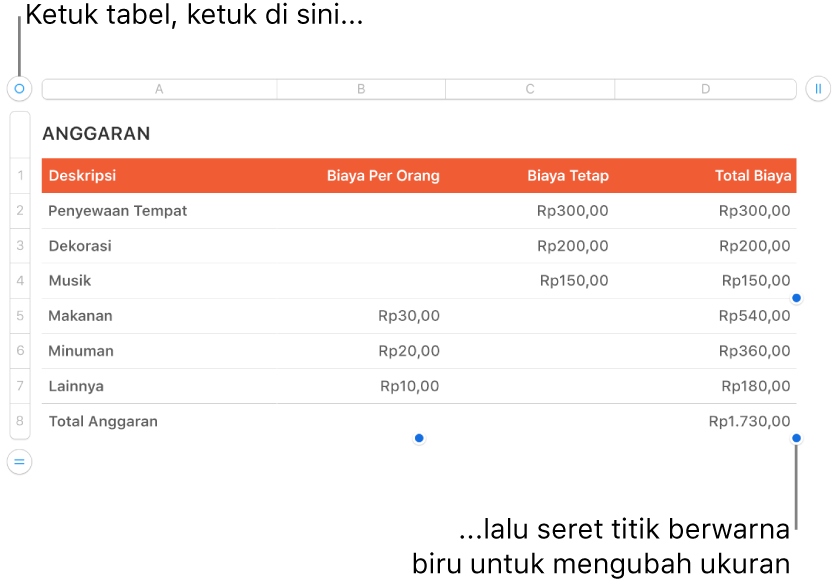 Tabel yang dipilih dengan titik biru untuk mengubah ukuran.