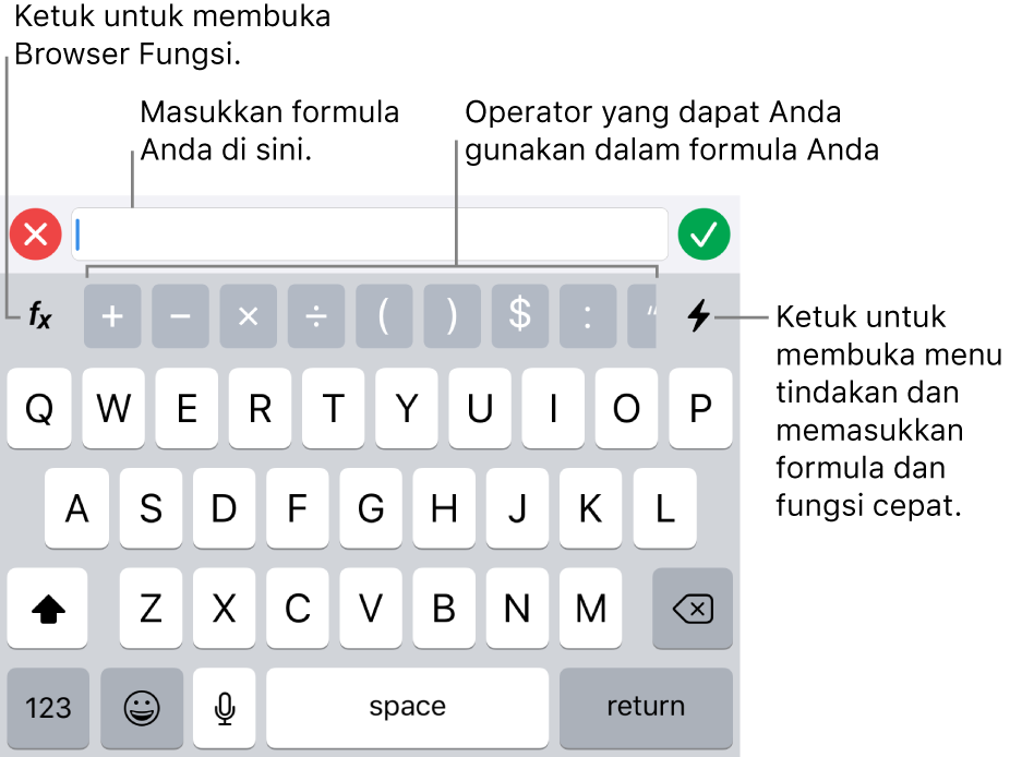 Papan ketik formula, dengan editor formula di bagian atas dan operator digunakan dalam formula di bawahnya. Tombol Fungsi untuk membuka Browser Fungsi berada di kiri operator, dan tombol menu Tindakan berada di kanan.