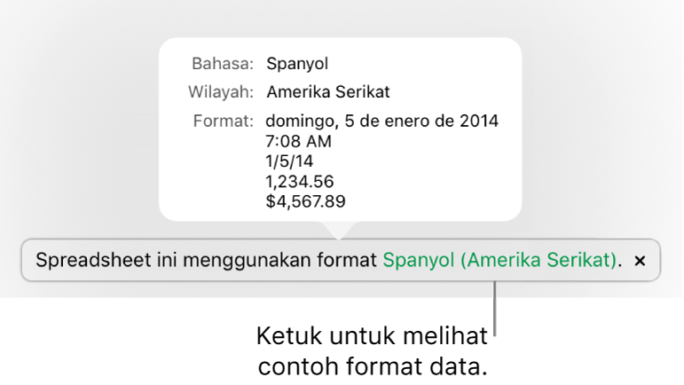 Pemberitahuan pengaturan bahasa dan wilayah yang berbeda, menunjukkan contoh format dalam bahasa dan wilayah tersebut.