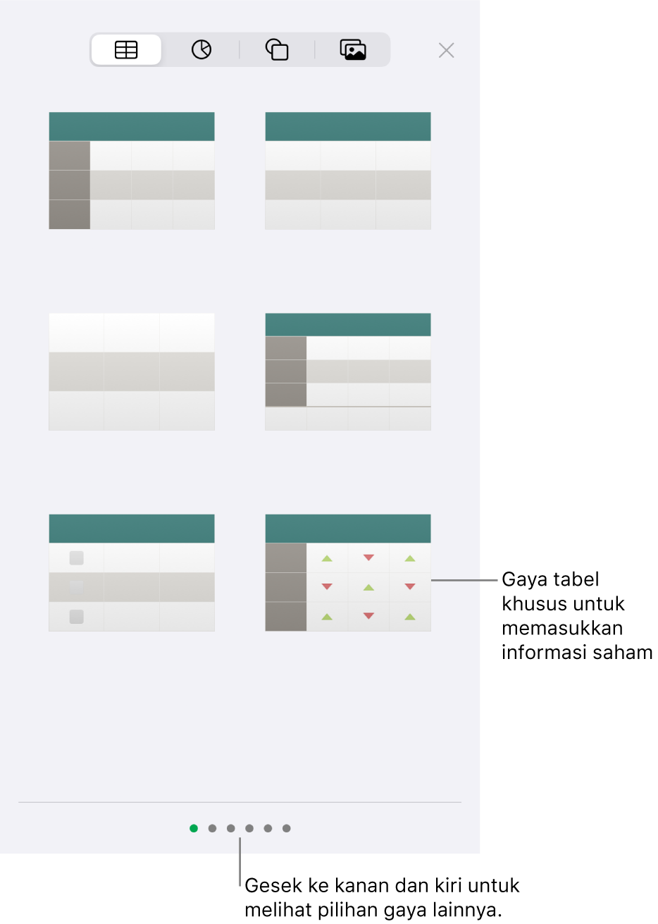 Gambar mini gaya tabel yang tersedia, dengan gaya khusus untuk memasukkan informasi saham di pojok kanan bawah. Enam titik di bagian bawah menunjukkan bahwa Anda dapat menggesek untuk melihat gaya lainnya.