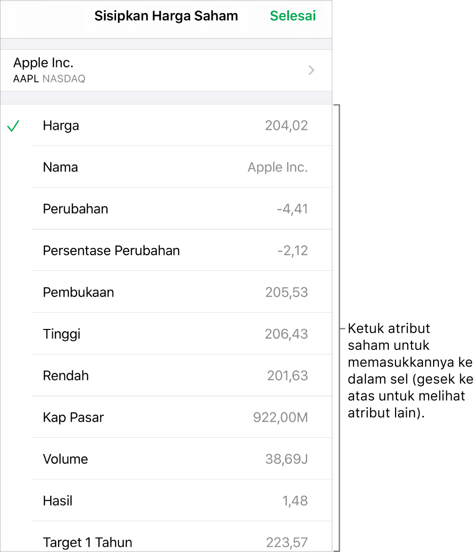 Popover harga saham, dengan nama saham di bagian atas, dan atribut saham yang dapat dipilih meliputi harga, nama, perubahan, persentase perubahan, dan pembukaan dicantumkan di bawah.