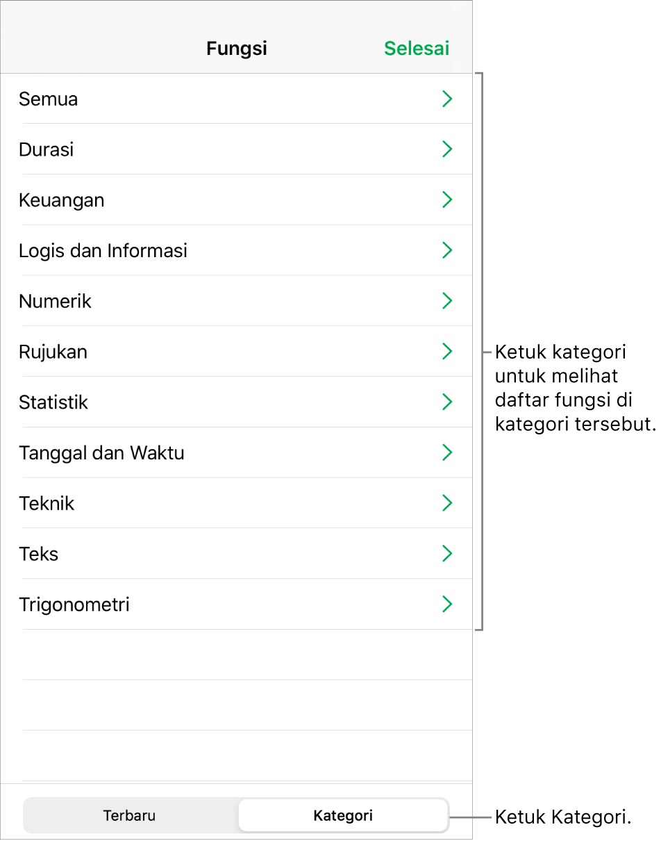 Browser Fungsi dengan keterangan untuk tombol Kategori dan daftar kategori.
