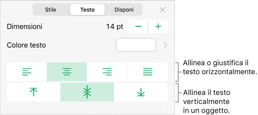 Sezione Layout dell'inspector Formattazione con didascalie per i pulsanti di allineamento e spaziatura del testo.