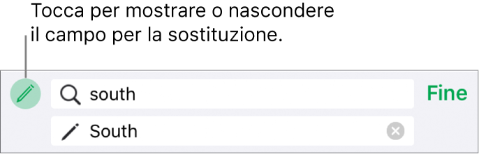 Controlli per la ricerca e la sostituzione del testo.