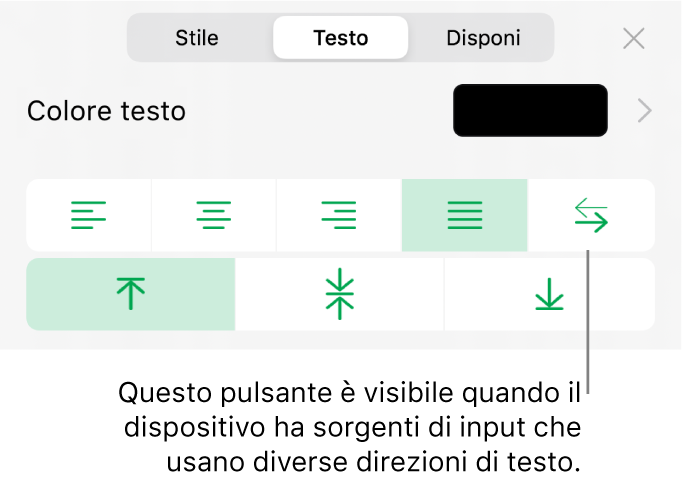 Sezione Stile del pulsante Formato con una didascalia per il pulsante “Da destra a sinistra”.