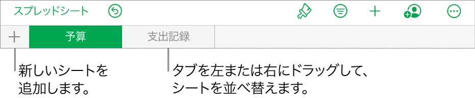 新しいシートの追加、シート内の移動、シートの並べ替えや再編成のためのタブバー。