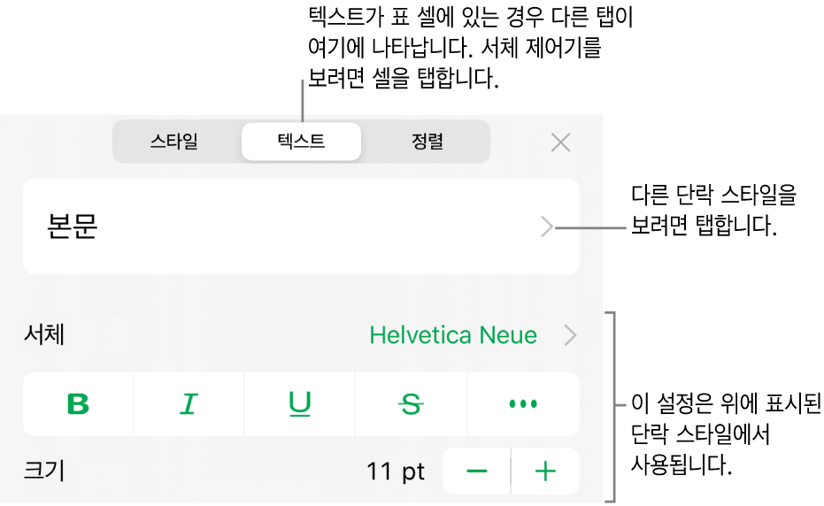 단락 및 문자 스타일, 서체, 크기 및 색상을 설정할 수 있는 텍스트 제어기를 표시하는 포맷 메뉴.