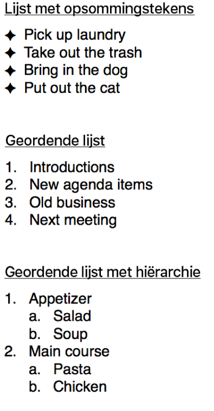 Voorbeelden van lijsten met opsommingstekens, geordende lijsten en geordende lijsten met een hiërarchie.