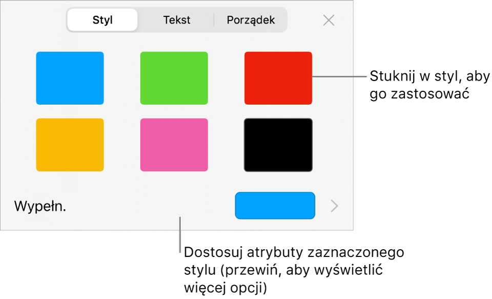Karta Styl w menu Format, zawierająca na górze style kształtów, a poniżej pole koloru wypełnienia.