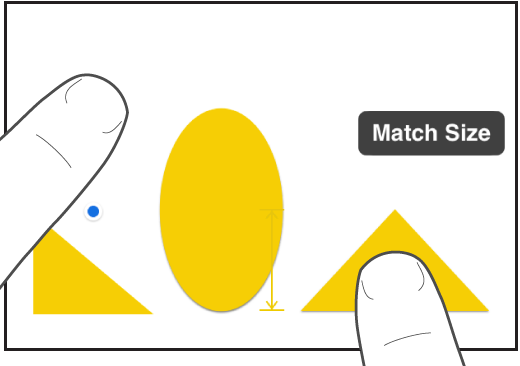 Jeden palec uniesiony nad kształtem, a drugi dotykający obiektu. Na ekranie widoczna jest etykieta „dopasuj wielkość”.