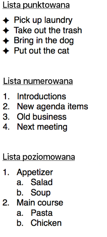 Przykłady listy wypunktowanej, numerowanej i numerowanej hierarchicznej.