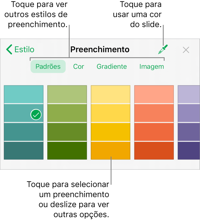 Opções de preenchimento na aba Estilo do botão Formatar.