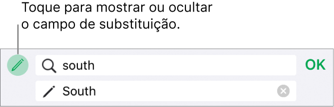 Controles para buscar e substituir texto.