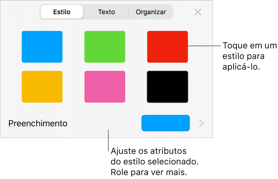 Aba Estilo do menu Formatar, com estilos de formas na parte superior e um quadro de cores de preenchimento abaixo.