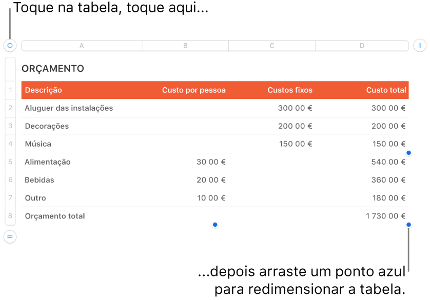 Uma tabela selecionada, com os pontos azuis para redimensionamento.