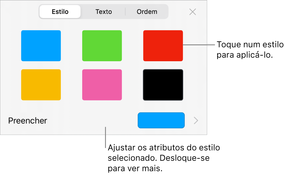 O separador Estilo do menu Formatação com estilos de forma na parte superior e um seletor de cor de preenchimento por baixo.