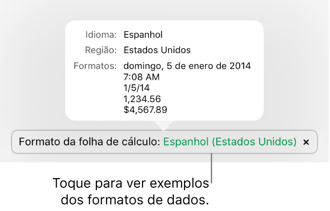 A notificação da definição diferente do idioma e região, apresentando exemplos da formatação nesse idioma e região.