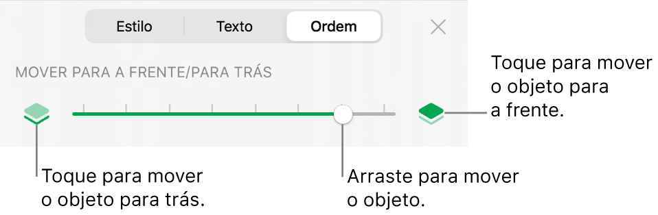 O botão “Mover para trás”, o botão “Mover para a frente” e o nivelador da camada.