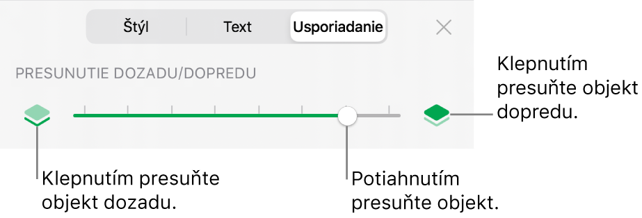 Tlačidlo Presunúť dozadu, tlačidlo Presunúť dopredu a posuvník vrstiev.