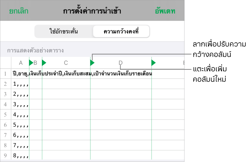 การตั้งค่าการนำเข้าสำหรับไฟล์ข้อความที่ความกว้างคงที่