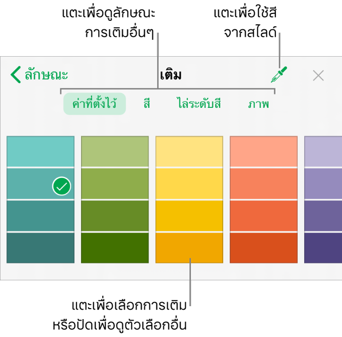 ตัวเลือกการเติมในแถบลักษณะของปุ่มรูปแบบ