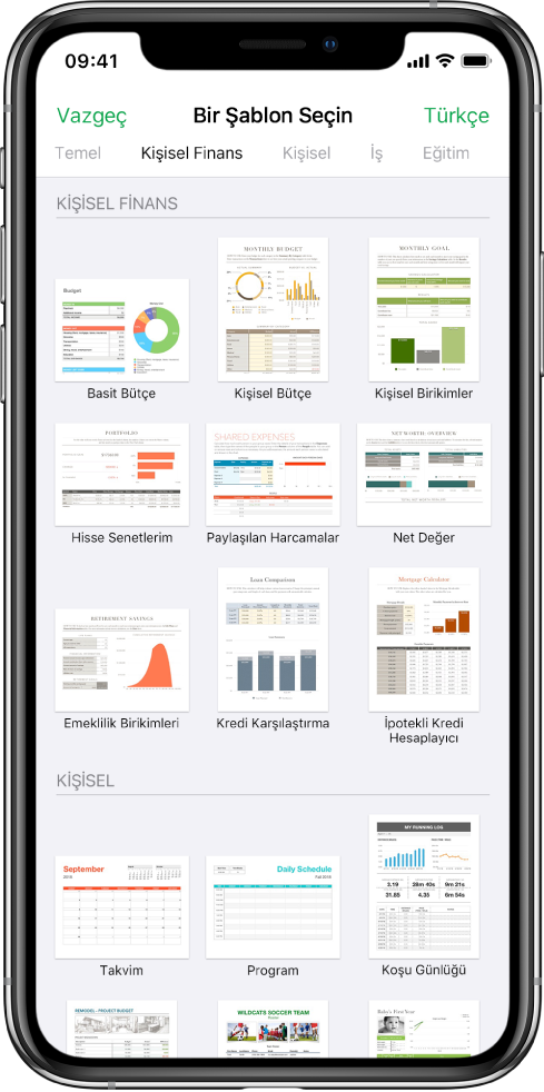 En üstte kategoriler bulunan şablon seçici. Kişisel Finans kategorisi seçili.
