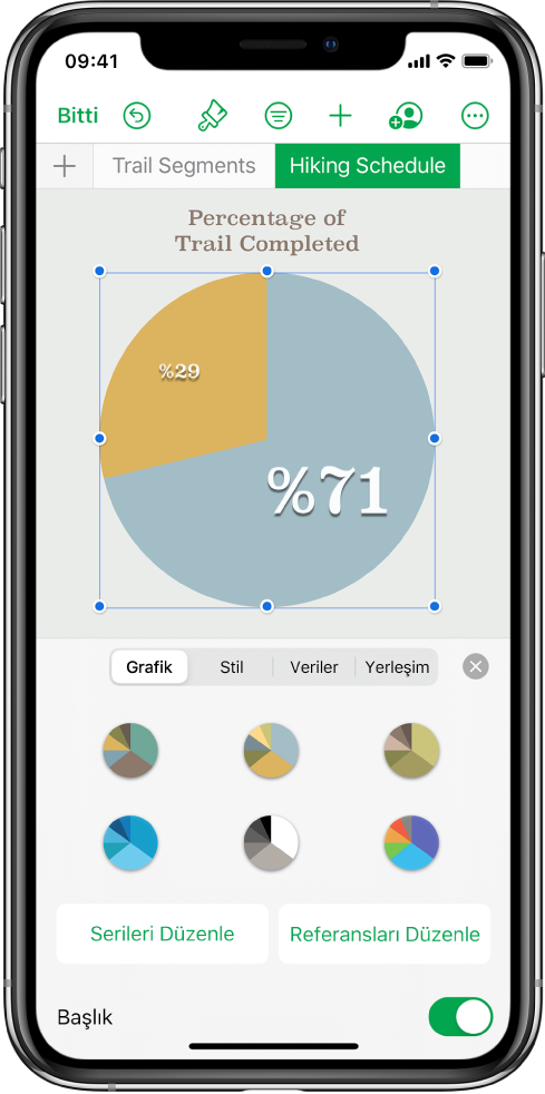 Tamamlanan parkur yüzdelerini gösteren bir pasta grafiği. Biçim menüsü de açık ve aralarından seçim yapabileceğiniz farklı grafik stillerinin yanı sıra serileri veya grafik referanslarını düzenleme ve grafik başlığını açıp kapatma seçenekleri de gösteriliyor.