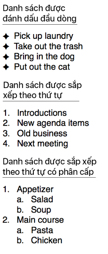 Ví dụ về danh sách có dấu đầu dòng, được sắp xếp thứ tự và được sắp xếp thứ tự có phân cấp.