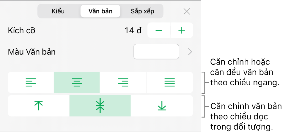 Phần Bố cục của trình kiểm tra Định dạng với các lời nhắc đến các nút căn chỉnh văn bản và giãn cách.