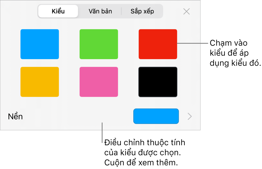 Tab Kiểu của menu Định dạng với các kiểu hình ở đầu và một ô màu nền ở bên dưới.