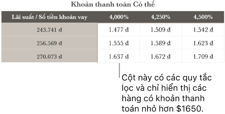 Bảng thế chấp được hiển thị sau khi lọc lãi suất có thể trả.