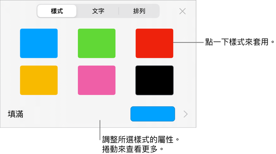 「格式」選單中的「樣式」分頁，最上方為形狀樣式，下方為填滿的顏色框。