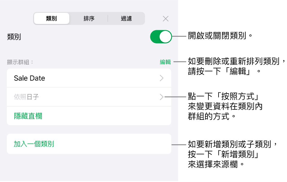 iPhone 版的「類別」選單包括以下選項：關閉類別、刪除類別、重新分類資料、隱藏來源欄和加入類別。