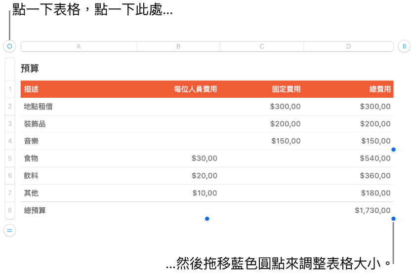 選取的表格，帶有調整大小的藍色圓點。