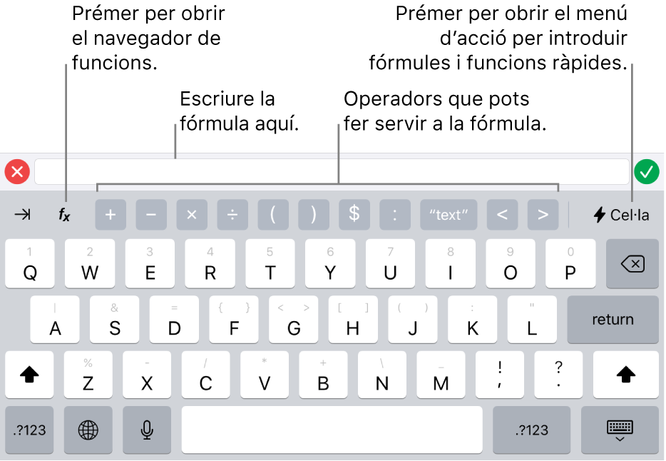 Teclat de fórmules, amb l’editor de fórmules a la part superior i els operadors que s’utilitzen en les fórmules a sota. El botó Funcions per obrir l’explorador de funcions està situat a l’esquerra dels operadors i el botó “Menú d’accions” està situat a la dreta.