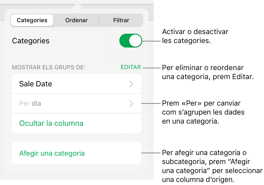Menú Categories de l’iPad amb opcions per desactivar categories, eliminar categories, agrupar dades, ocultar la columna d’origen i afegir categories.