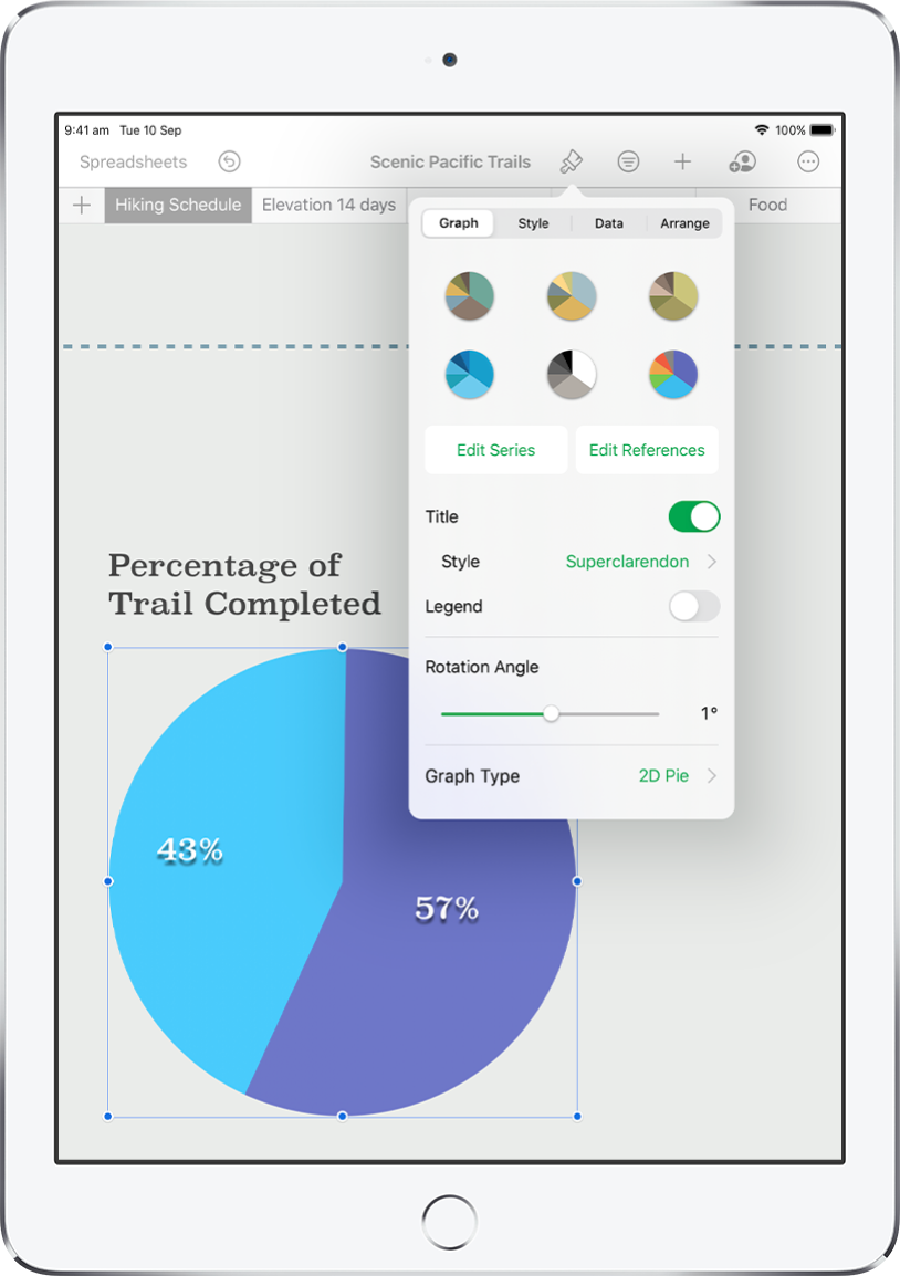 A pie graph showing percentages of tracks completed. The Format menu is also open, showing different graph styles to choose from, as well as options to edit the series or graph references, turn the graph title or legend on or off, adjust the rotation angle of the graph, and change the graph type.