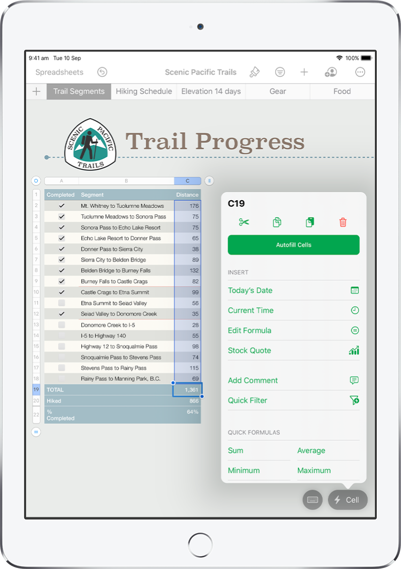 A spreadsheet showing a table of tracks hiked and the distance of each track. The Cell Action menu is open, showing options to add formulas, dates, comments and filters.