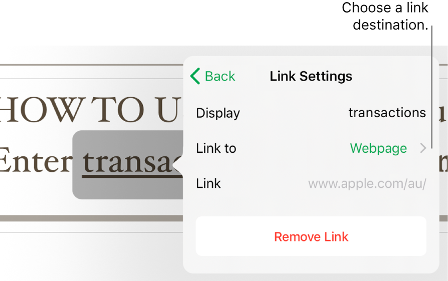 The Link Settings pop over with fields for Display, Link To (Webpage is selected) and Link. The Remove Link button is at the bottom.