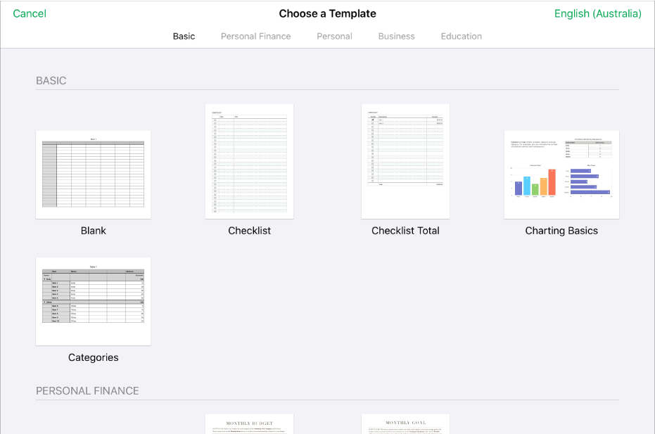 The template chooser, showing thumbnails of pre-designed templates you can use as a starting point for creating spreadsheets.