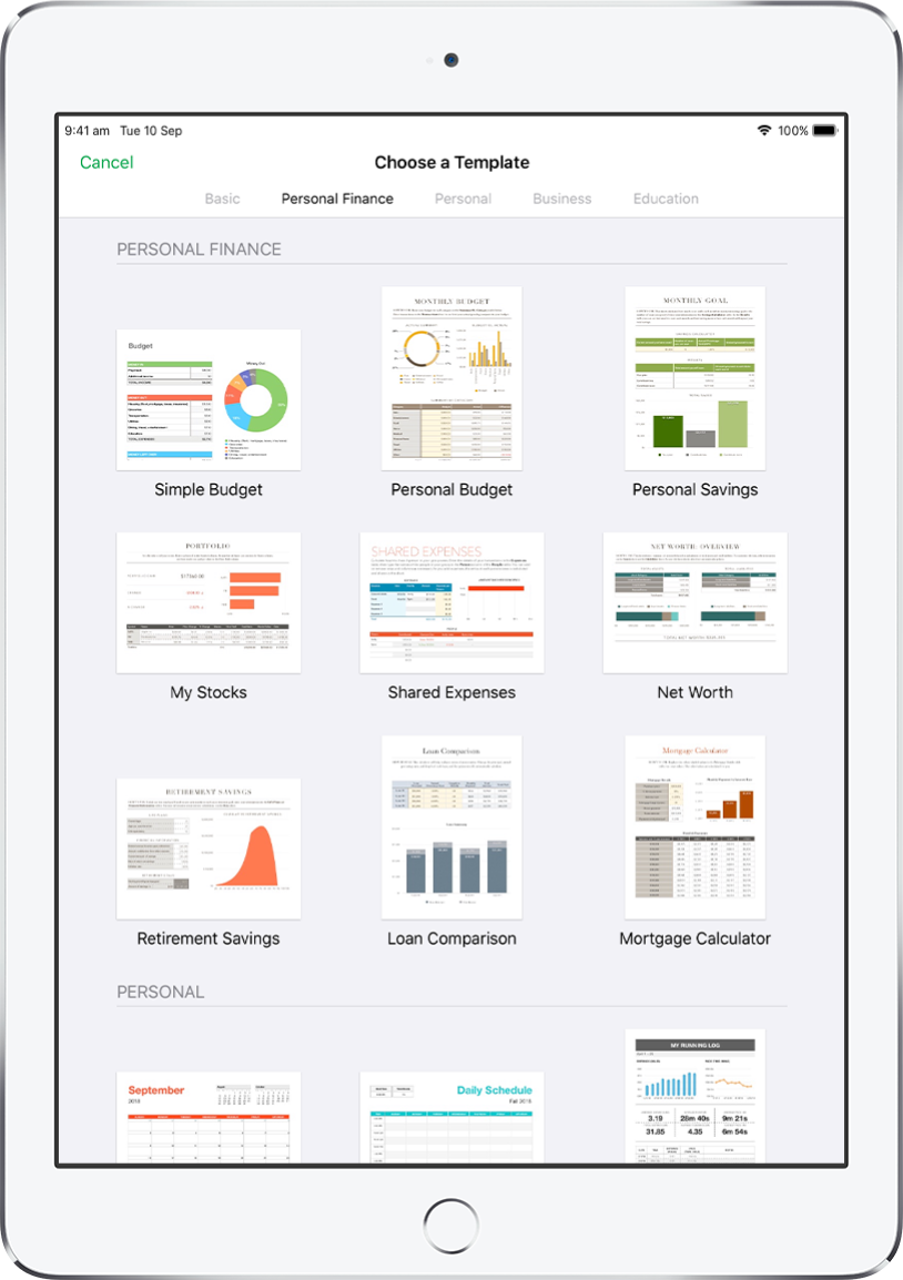 The template chooser with categories across the top. The Personal Finance category is selected.