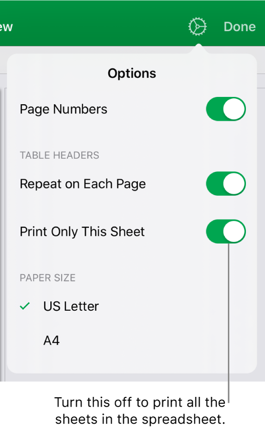 The print preview pane, with controls for showing page numbers, repeating headers on each page, changing the paper size and choosing to print the entire spreadsheet or only the current sheet.