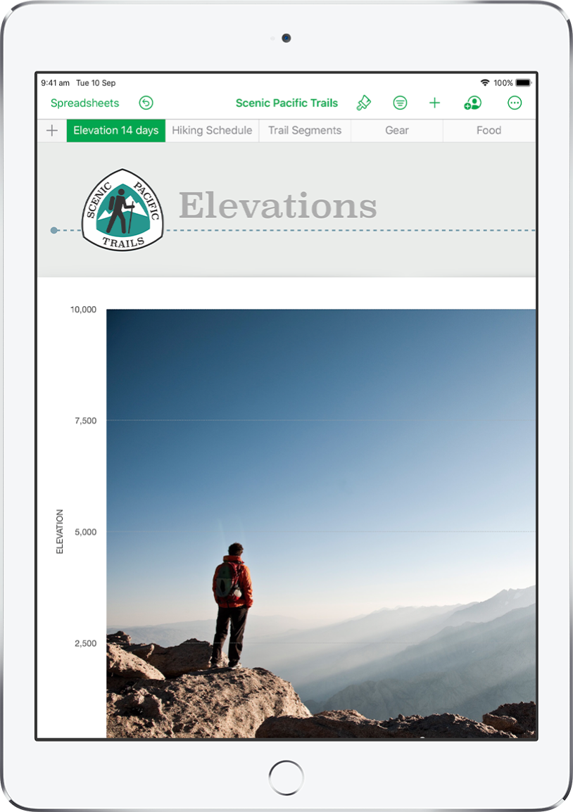 A spreadsheet tracking hiking information, showing sheet names near the top of the screen. The Add Sheet button is on the left, followed by sheet tabs for Elevation, Hiking Schedule, Track Segments, Gear and Food.