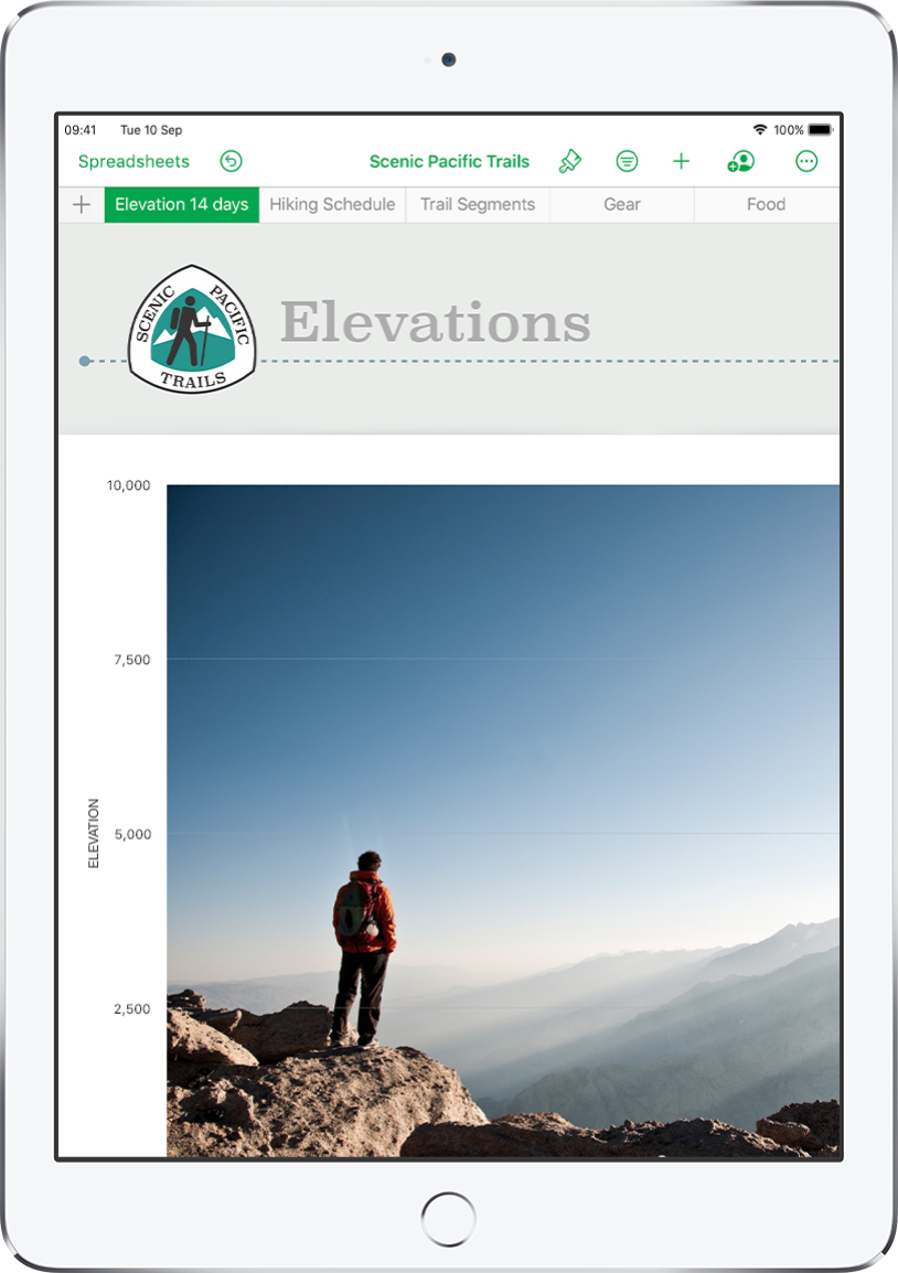 A spreadsheet tracking hiking information, showing sheet names near the top of the screen. The Add Sheet button is on the left, followed by sheet tabs for Elevation, Hiking Schedule, Trail Segments, Gear and Food.